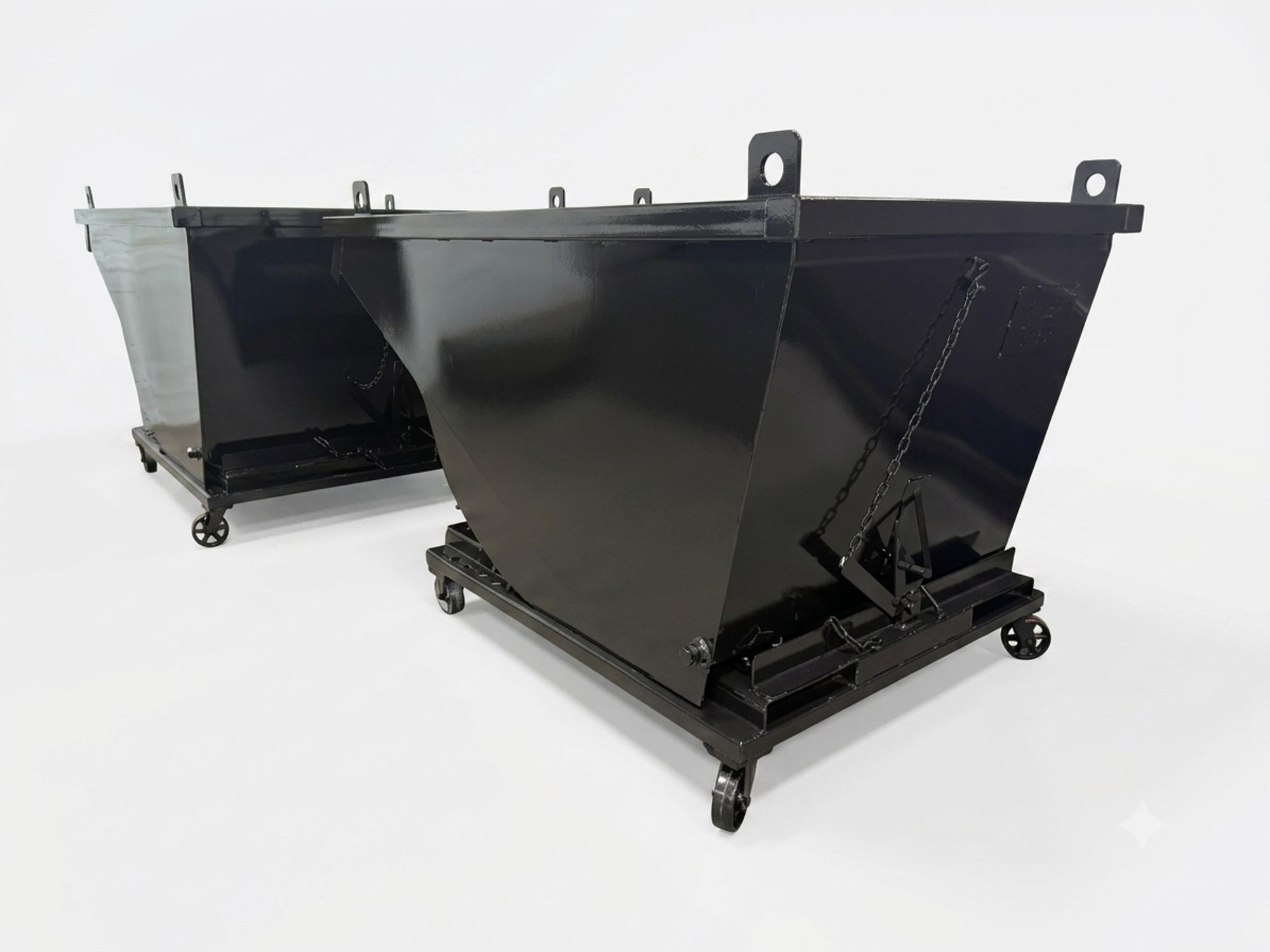 Self-dumping hopper with eye hooks on casters